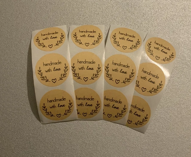 50x Round Hand Made With Love black font Labels Stickers Gift Food Craft Box