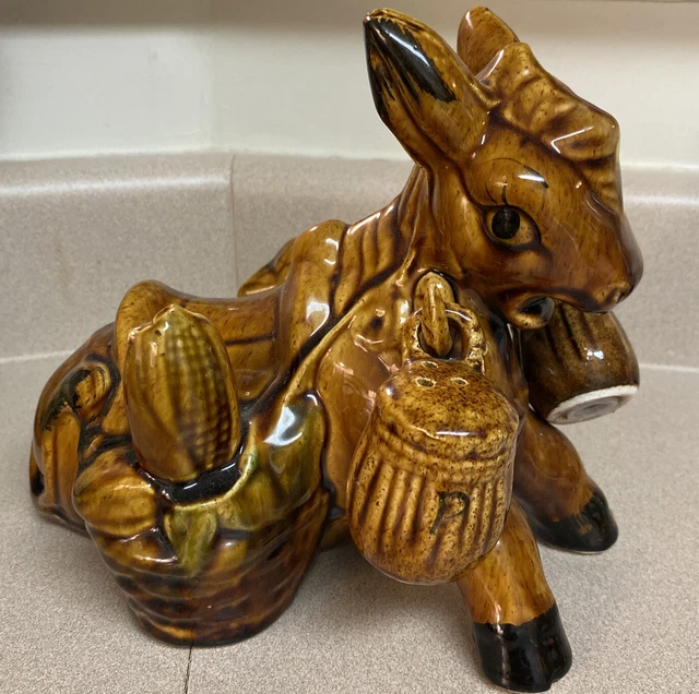 Vintage Condiment Holder Napkin Salt Pepper Toothpick Glazed Ceramic Donkey