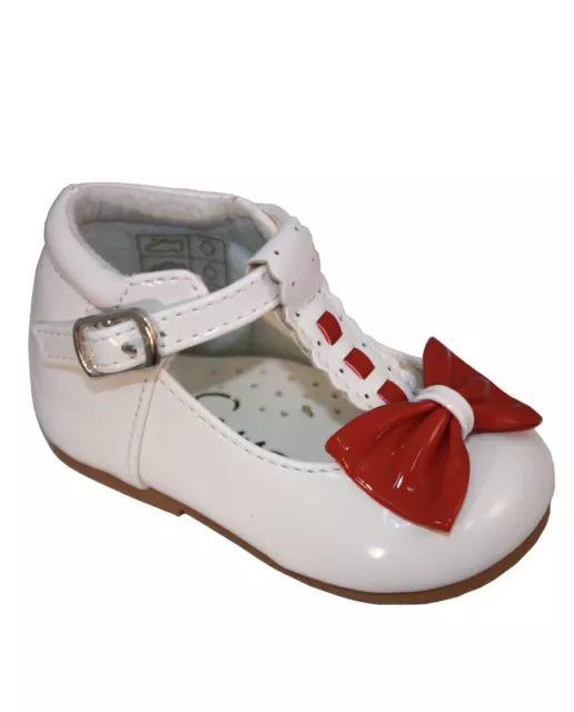 Girls Baby  Patent TBar Bow Shoes Sevva Occasion Spanish Toddller WHITE/RED Uk4