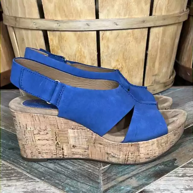 Clarks Caslynn Lizzie Blue Nubuck Leather Slingback Cork Wedge Sandals Womens 7