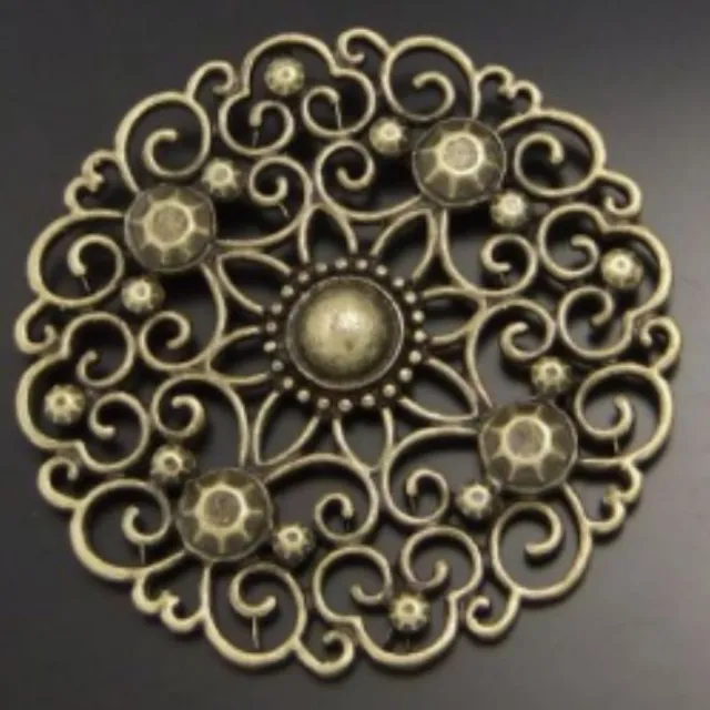 Vintage Style Bronze Tone Alloy Round Lace Hollow Flower Pendant Charm 53MM 6PCS