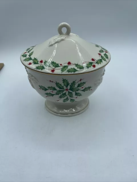 Lenox Dimensions Holiday Pedestal Covered Candy Dish -Embossed Holly/Berries