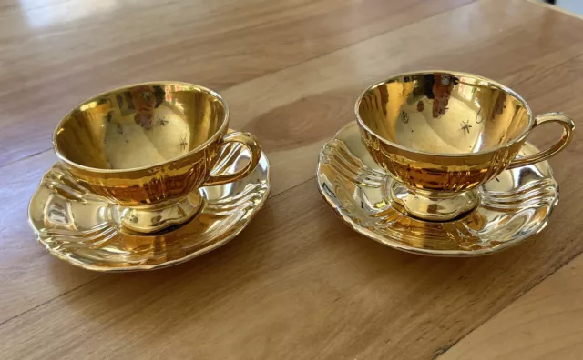 Royal Winton Grimwades  Heave Gold Set of 2 Tea Cups & Saucers England 1940s