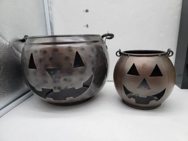 2 Metal Bronze  Halloween Pumpkin Candle Holder Lantern