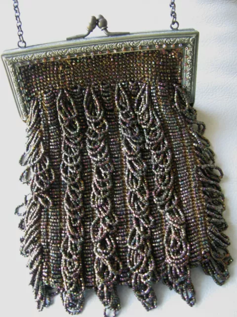 Antique Art Nouveau Gold T Frame Hand Knit Brown Iridescent Bead Fringe Purse
