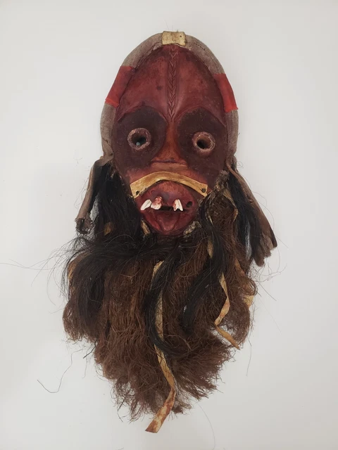 Vintage African Tribal Face Mask Wood Hand Carved with Real Teeth Hanging Art