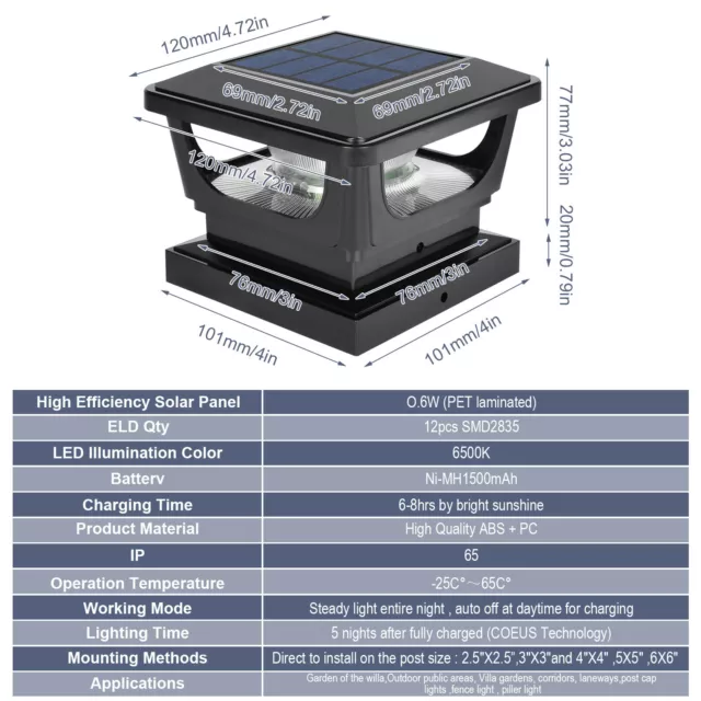 Solar Powered Post Cap Lamp Garden Deck Square Fence Lights For 3*3 4*4in Posts