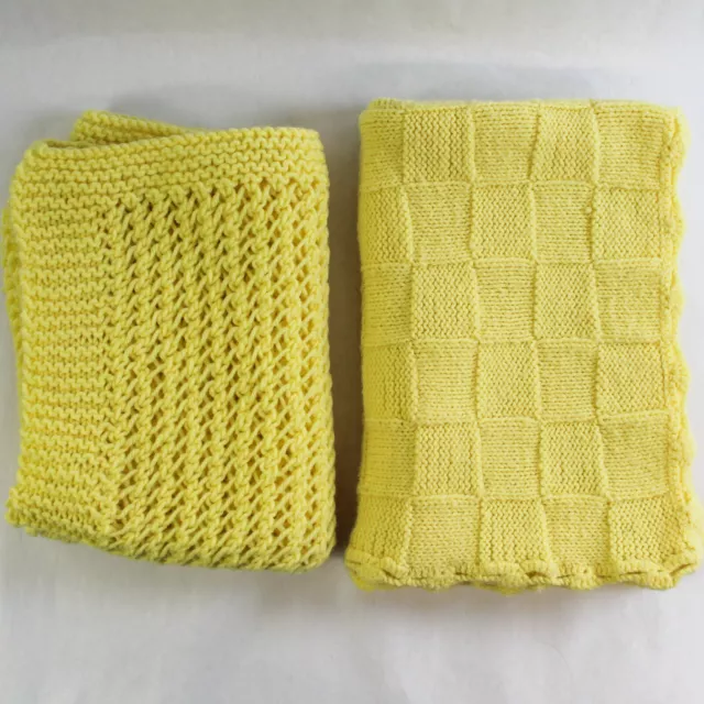 Lot of 2 Handmade Crochet Knit Baby Blankets Throws Yellow Bedding Nursery