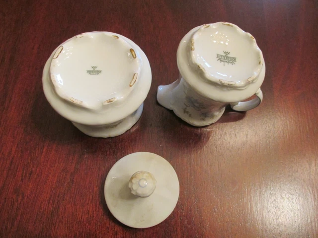 Vintage Sugar Bowl and Creamer Mitterteich Bavaria Blue Peonies 2