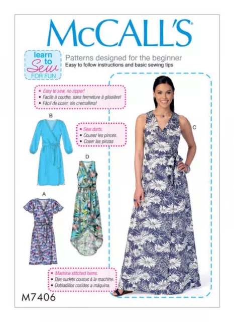 McCalls Ladies Easy Learn to Sew Sewing Pattern 7406 Wrap Dresses & Belt ...