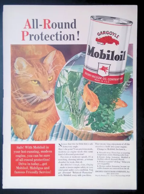 Print Ad 1940's Gargoyle Mobiloil Motor Oil Kitty Fish Aquarium Ronald McLeod