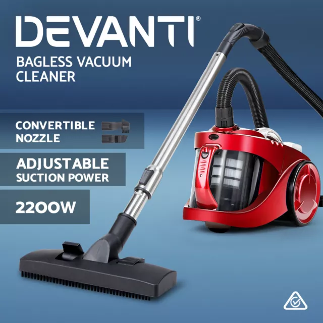 Devanti Bagless Vacuum Cleaner 2200W Cyclone Cyclonic HEPA Filtration System Red