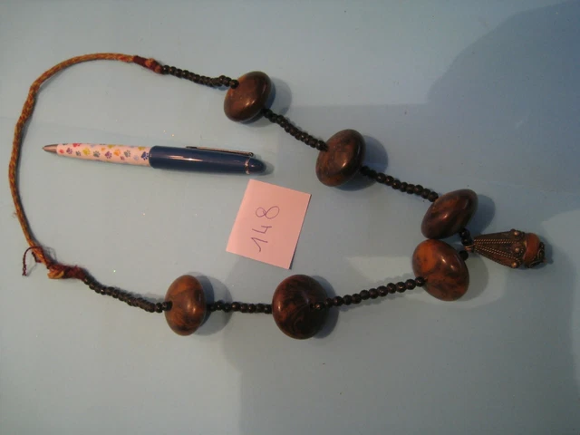 Collier Ethnique Vintage En Bois Et Pierre Oeil Du Tigre - Bijou Fantaisie Nature