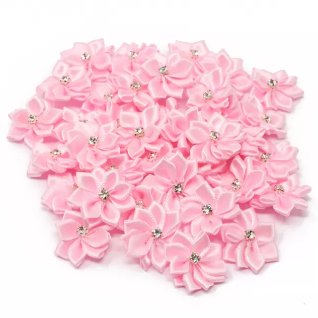 Light Pink Satin Ribbon Flowers & Rhinestone Diamante Centre, 25mm Craft Flower