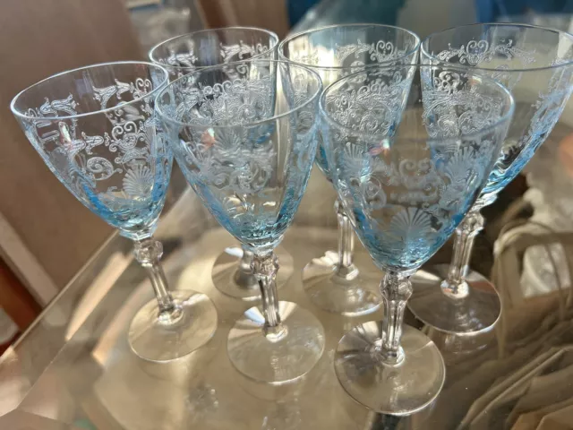 6 Pc Azure Blue Fostoria 5098 Versailles After Dinner Wine Goblets
