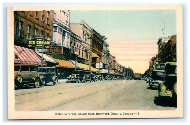Postcard Colborne Street View Brantford Ontario Old Cars Signs Ice Cream Tailor