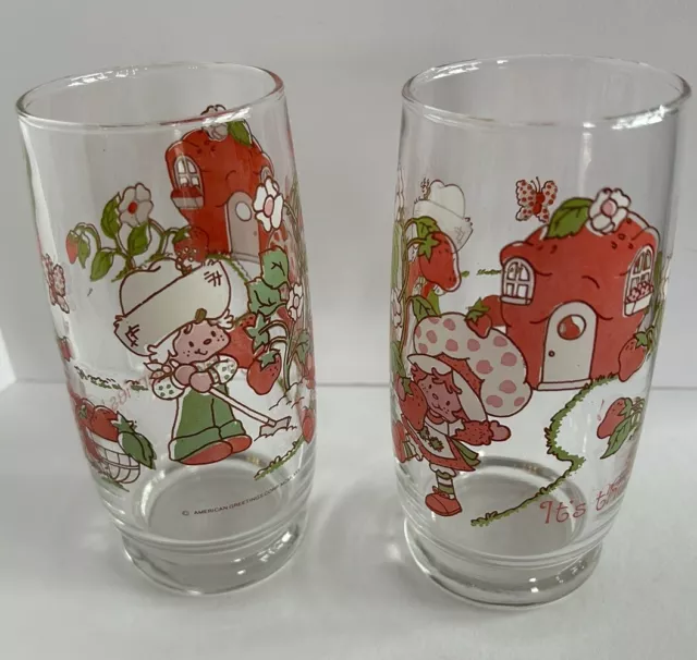 2 Vintage 1980 STRAWBERRY SHORTCAKE  16 oz Glass Tumblers American Greet. Corp