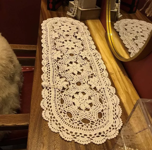 Vintage Hand Crochet Lace Table Runner Doily Flower Tablecloth Wedding Party