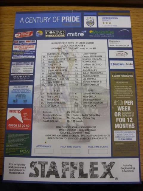 14/02/2009 Colour Teamsheet: Huddersfield Town v Leeds United  (Folded). Thanks