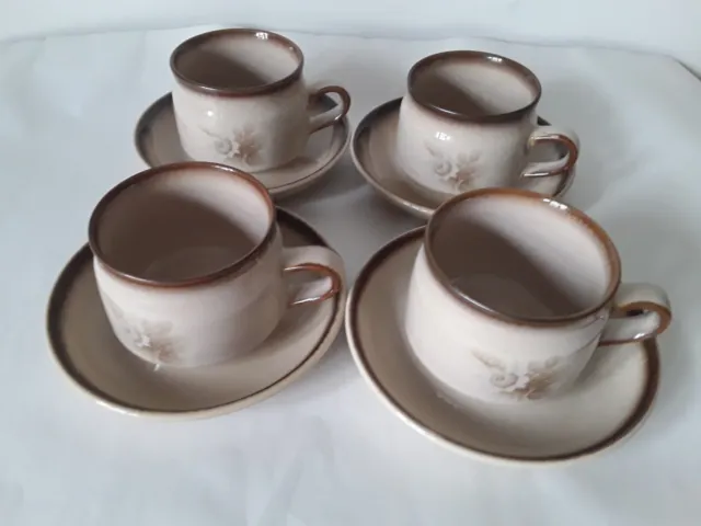 70s Vtg DENBY Stoneware Set of 4 Tea/Coffee Cups & Saucers Memories Pattern VGC