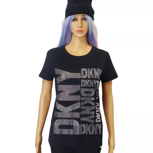 Nwt Dkny Authentic Rhinestones Women's Black Crew Neck Short Sleeve T-Shirt