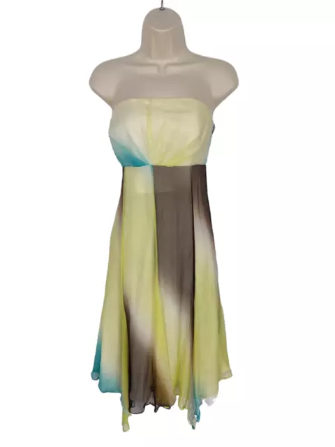 Womens Monsoon Uk 14 Yellow Multi Strapless Silk Occasion Summer Flare Dress