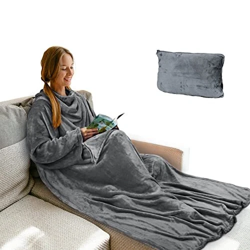 Travel Airplane Pillow Blanket, 2 in 1 Office Fleece Packable Travel Wearable