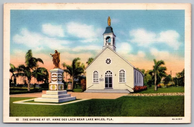 Shrine St Anne Des Lacs Lake Wales Florida Cross Church Linen Chapel Postcard