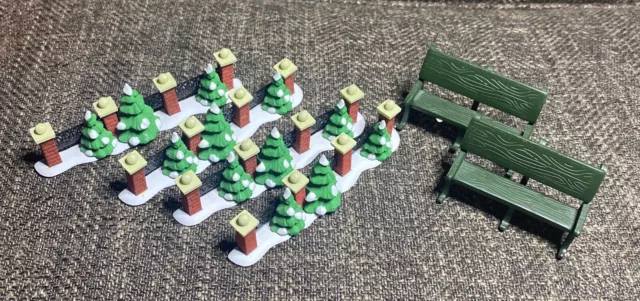 4- Dept 56 Tree Lined Courtyard Fences Small Brick Iron with 2- Green Park Bench