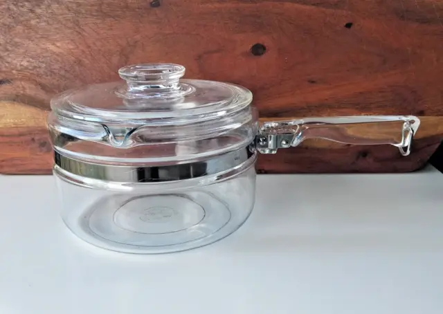Vintage PYREX Flameware Glass Saucepan Pot With Glass Handle and lid 2 QT