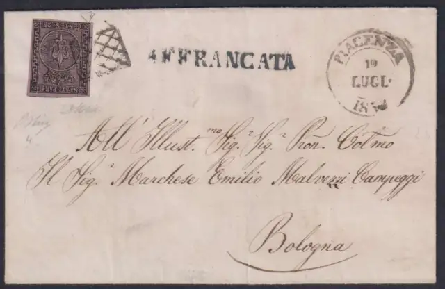 Ducato di Parma - 1855 - 25 cent. violetto, n° 4, sfiorato in basso, su lettera