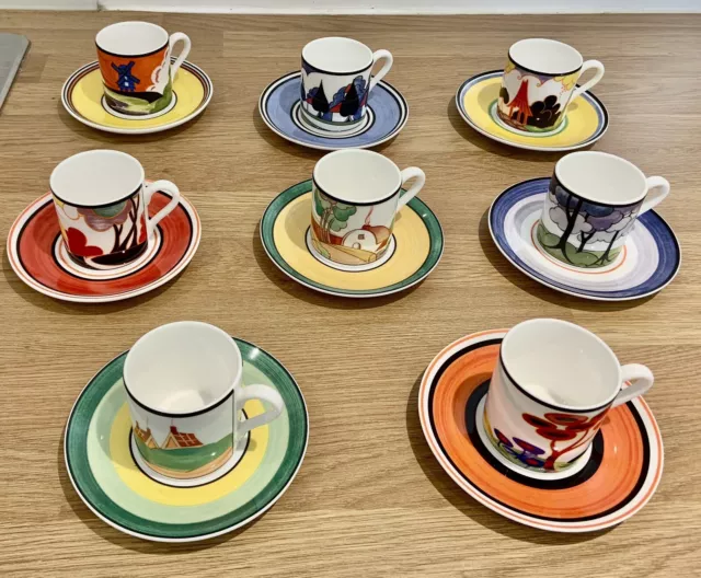 Wedgwood Clarice Cliff Cafe Chic Ltd Edition Set Of 8 Coffee Cups & Saucers C