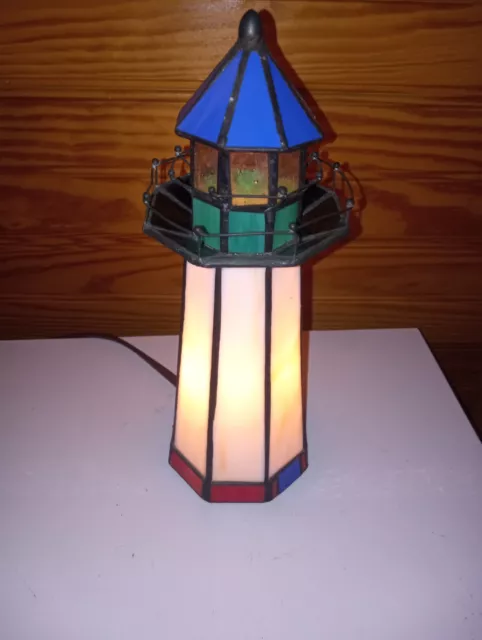 Stained Glass Tiffany Style Lighthouse Lamp 10" Tall Nautical Nightlight