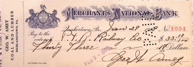 Geo W Amey Coal and Lumber Richlandtown PA Bank Check 1909 Merchants National