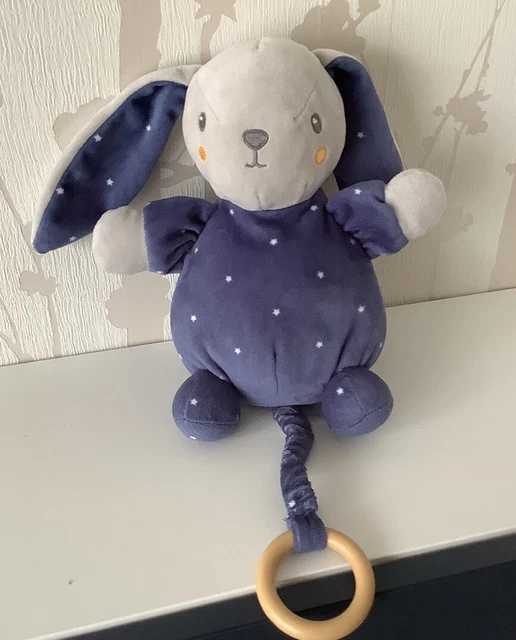 TBE Doudou peluche musicale lapin bleu blanc Étoiles Nicotoys Kiabi 20cm Benelux