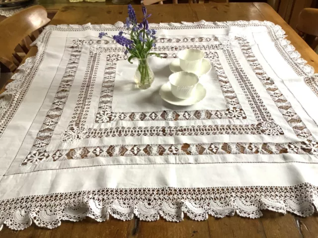 Vintage  White Cotton Tablecloth, Afternoon Tea, Table Centre Hand Embroidered