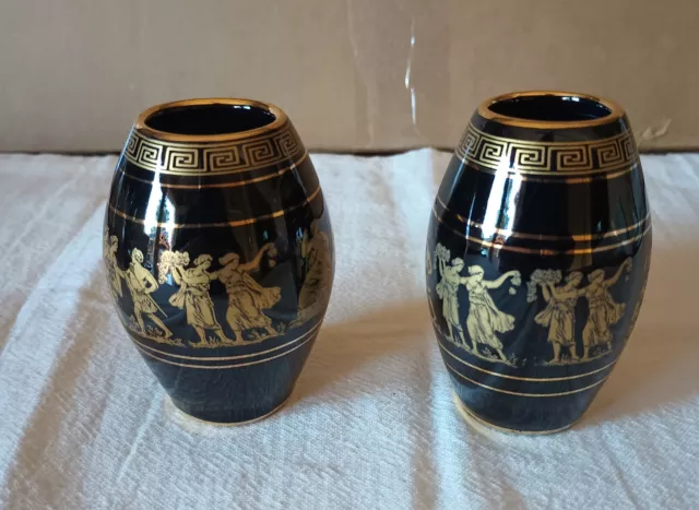 Lot of 2 Vintage Miniature Black/Gold Vase Hand Made in Greece 24 K Gold 3" Tall