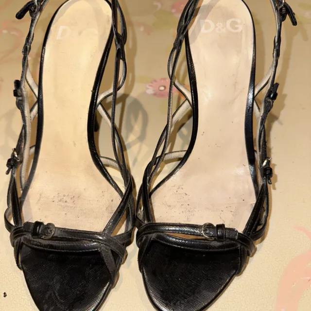 DOLCE GABBANA Womens Black Leather Buckles Slides Slim Heels Sandals Size 39