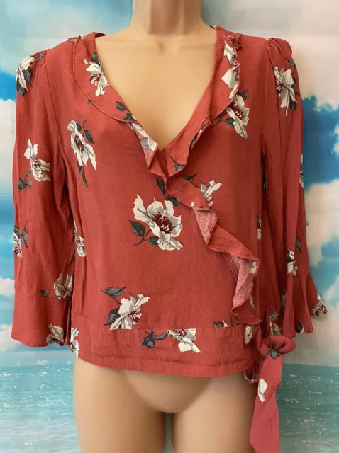 OASIS 10 Vgc Coral Red Floral Print Frill Wrap Front Top