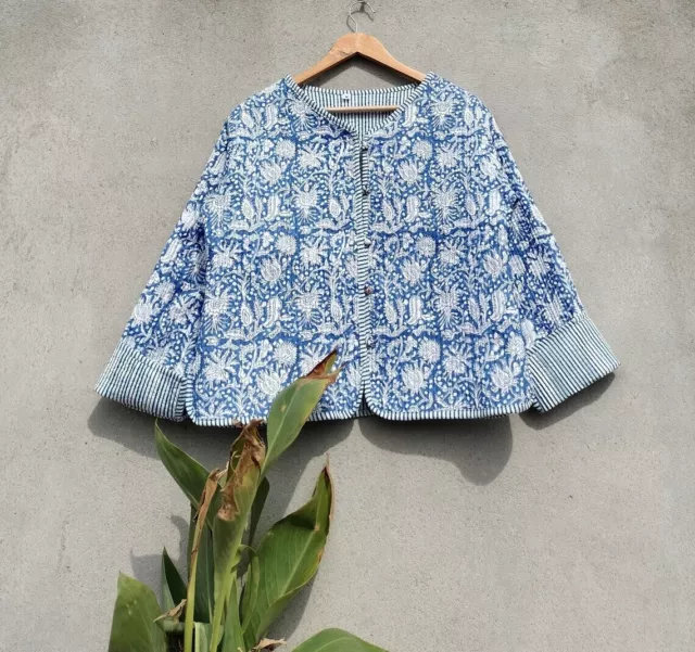 Bleu Floral Veste Matelassé Réversible Manteau Indien Femmes Vêtements Boho de