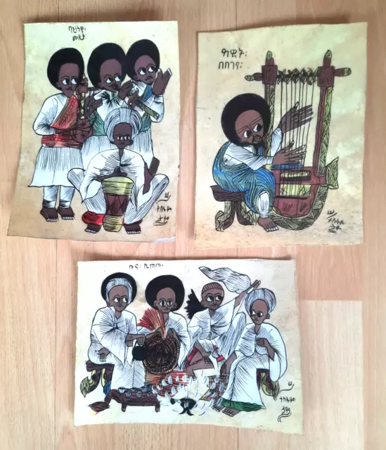 Lot 3 Peintures Ethiopiennes Sur Peau De Chevre