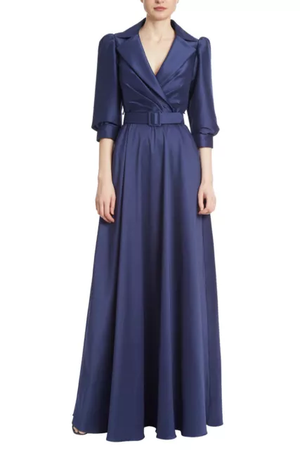 Badgley Mischka Modest Long Sleeve V Neck Mikado Belted Collared Gown MOB Oscar