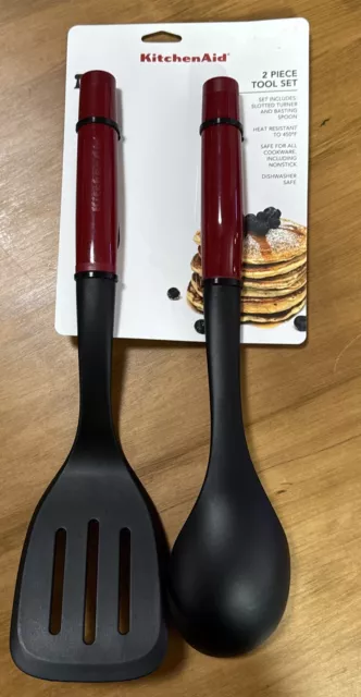 KitchenAid Red 2-Piece Tool Set-Slotted Turner & Basting Spoon-Dishwasher Safe