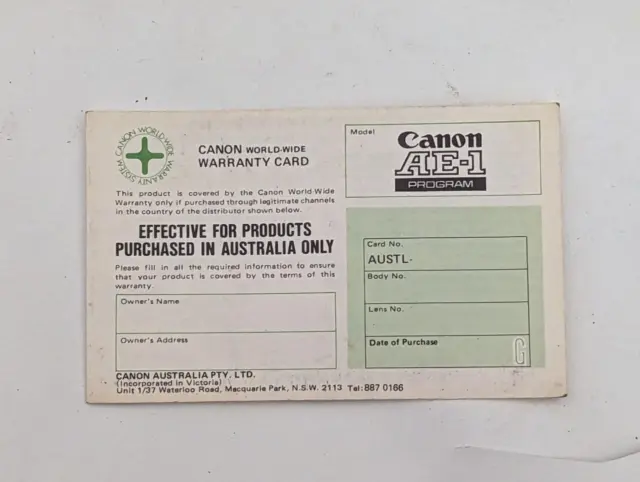 Canon AE-1 Program Warranty Card - Australia - unused