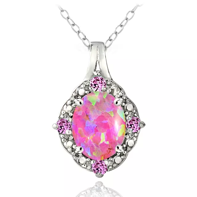 Sterling Silver Diamond Accent Created Pink Opal & Pink Sapphire Oval Necklace