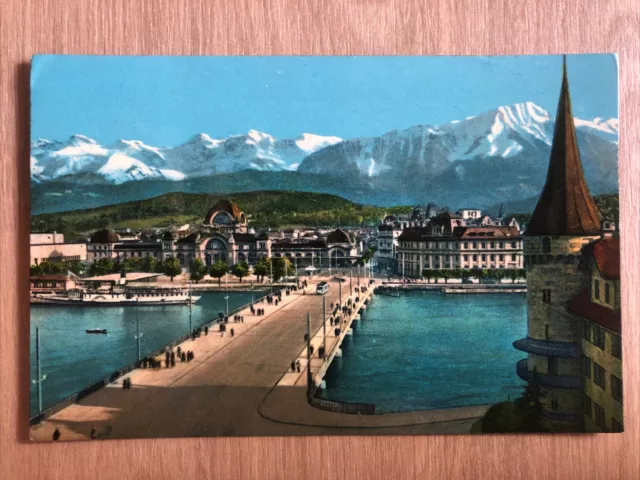 Luzern - Seebrücke und Bahnhof mit den Alpen • Verlag Globetrotter AK versandt