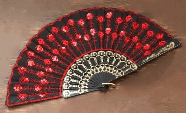 Vintage Red Sequined and Embroidered Spanish Style Folding Hand Fan