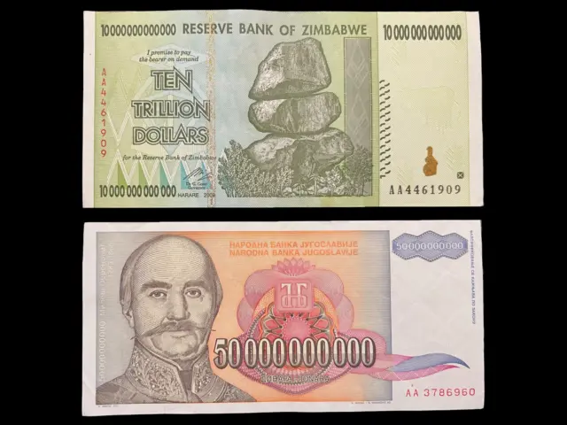 Zimbabwe 10 Trillion Dollars & Yugoslavia 50 Billion Dinara Bill Currency Money