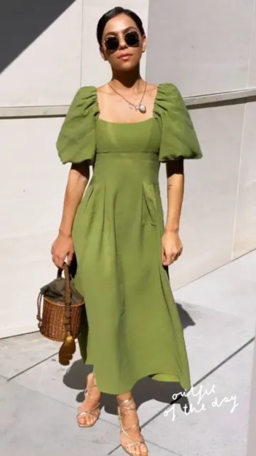 ZARA LONG DRESS Lyocell Linen Feel Apple Green Puff Sleeve