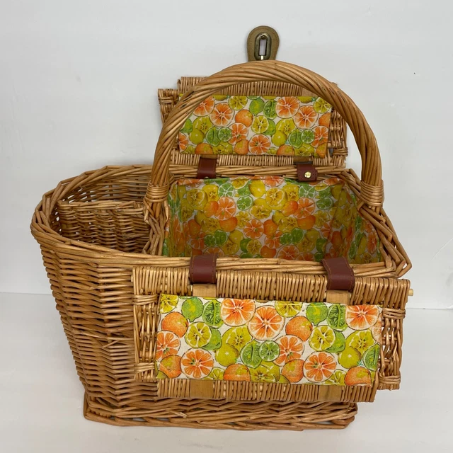 VINTAGE PICNIC BASKET Woven Rattan Wicker Brown Caddy Storage Tote 45.